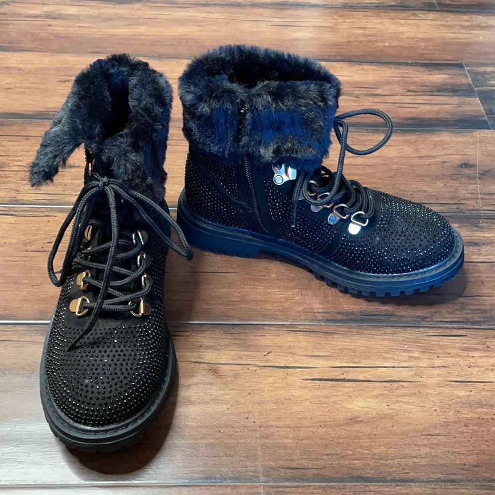 Report boots black rhinestones boots‎ size 3 faux fur trim work boot style